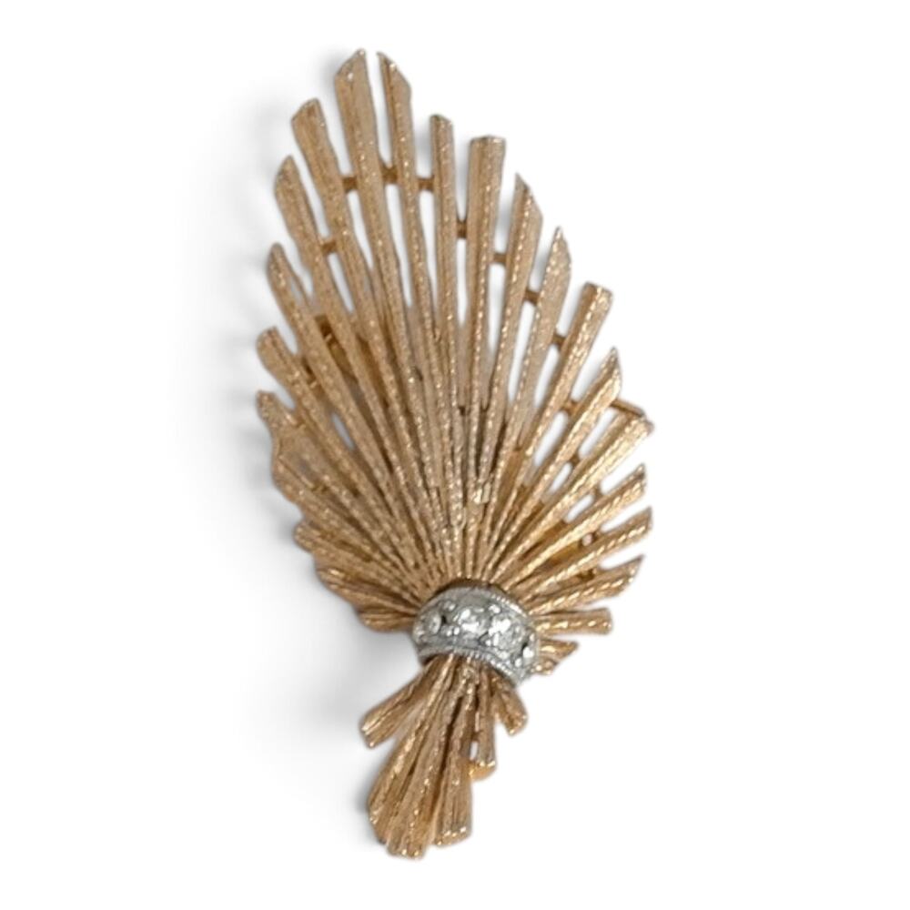 Vintage Gold Tone Fan Leaf Brooch Rhinestone Crystal Band Textured Spray